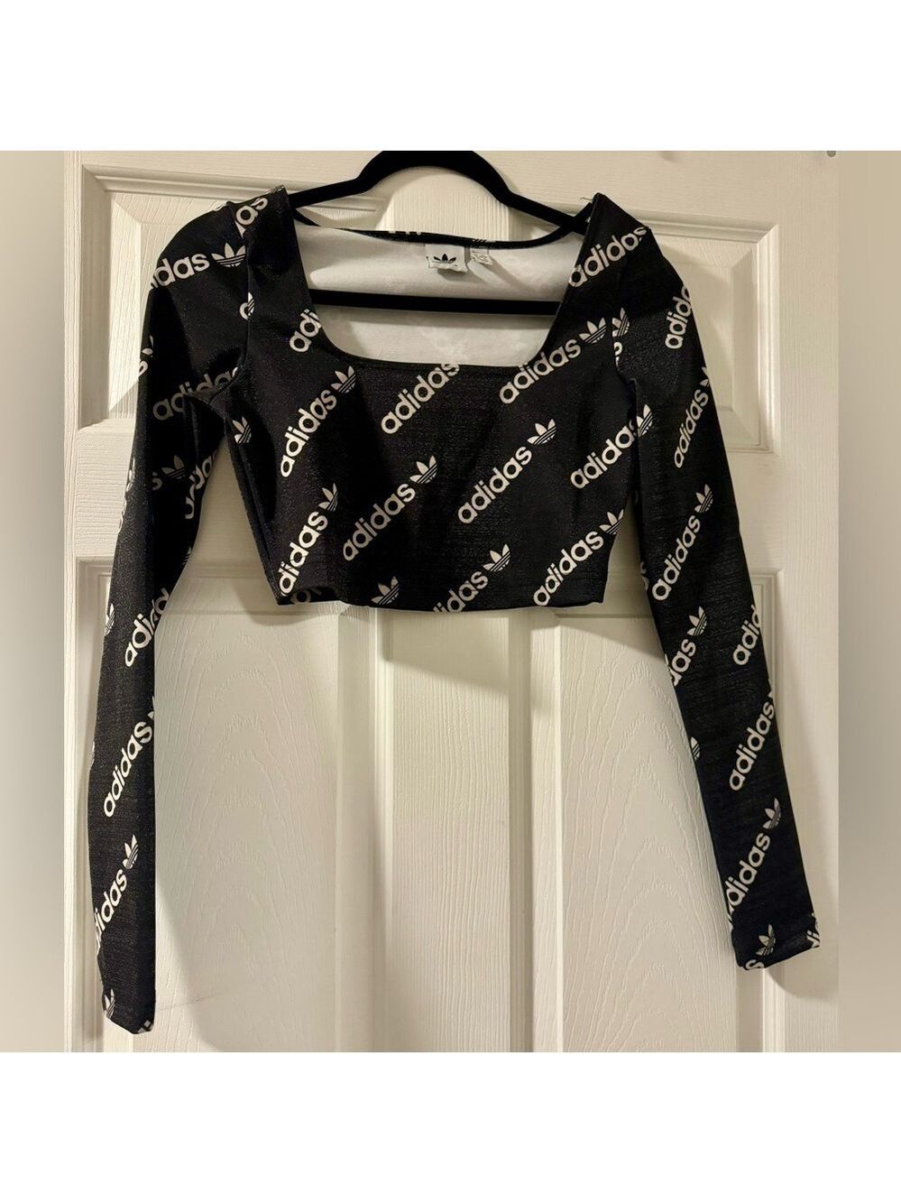 Adidas Shimmery Crop Top Spandex Trefoil Long Sleeve Black Women’s XSmall